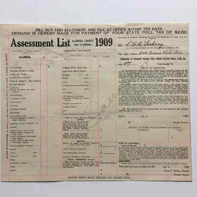 Alameda County and State Poll tax Assessment form, 1909