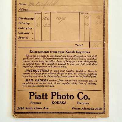 Photo envelope advertising Piatt Photo Company, 1922