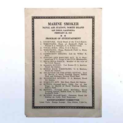 Program for an event 'Marina Smoker' at Naval Air Station, San Diego, 1919