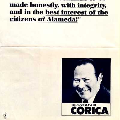Flyer for re-electing Chuck Corica as Mayor, 1979 or 1987