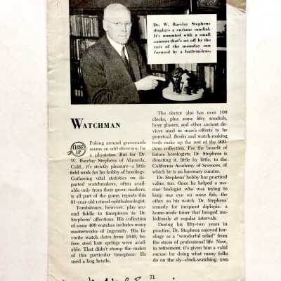 Clipping about Dr. Stephens' interest in Clocks and Watches, before 1970