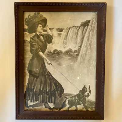 Framed print of a lady walking a dog at Niagara Falls, c. early 1900s