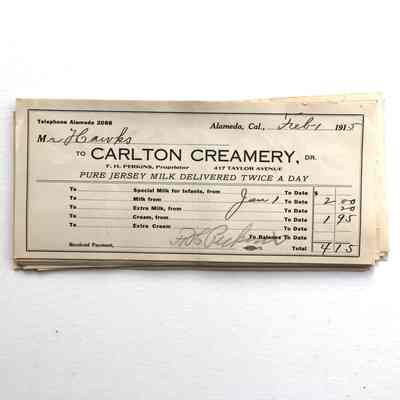 Receipts from Carlton Creamery, for delivery of Dairy products to Nelson C. Hawks, 1915, 1916