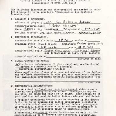 Application for historical preservation of 1031 San Antonio, 1986