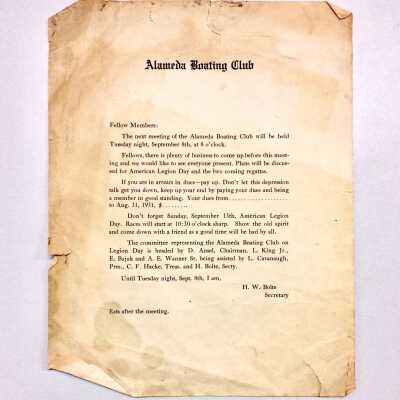 Flyer announcing meeting, Alameda Boating Clu, 1931