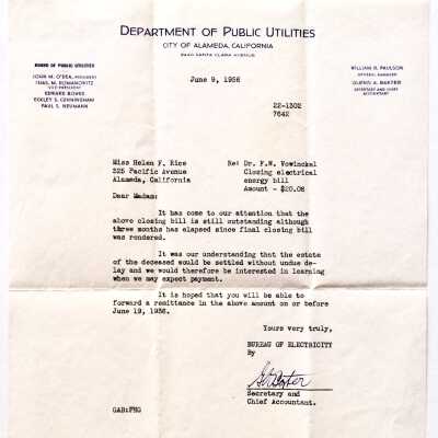 Letter to Helen F. Rice about Dr. F. W. Vowinckle's Electric Bill, 1936
