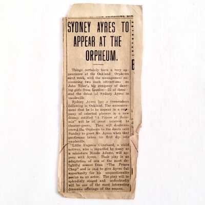Clipping 'Sydney Ayres To Appear At The Orpheum' with Eugenia Clinchard, early 1900s