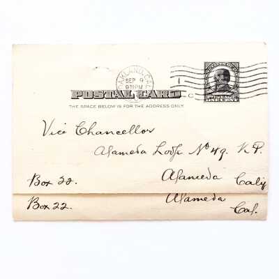 Two postal cards addressed to Vice Chancellor, Alameda Lodge #49, Knights of Pythias, 1908