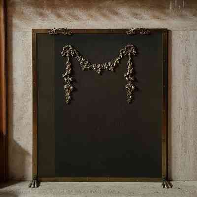 Rectangular Rococo-style brass mesh fire screen, c. 1950s