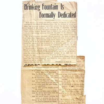 Newspaper clippings about dedication of a Drinking Fountain, early 1900s