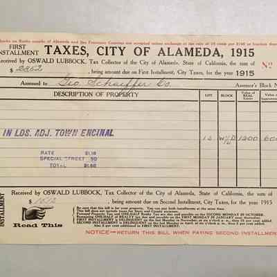 Receipt payment City Taxes by George Schaeffer, for Lands Adjacent Encinal, 1915