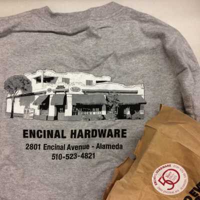 Bag and T-shirt from 50 years anniversary Encinal Hardware, 2015