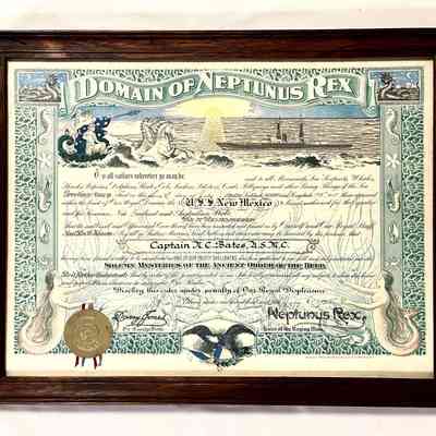 Equator crossing certificate awarded to Captain N.C. Bates, USMC, 1925