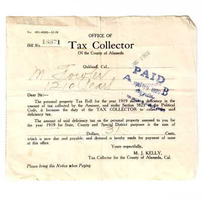 Tax Receipt for 1210 Pearl St., the Fowler home, 1920