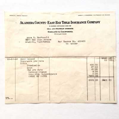 Statement of charges for 2066 San Jose, East Bay Title Insurance Company, 1948