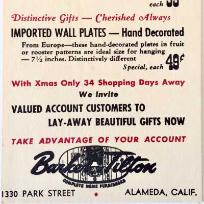 Advertising postcard Barker-Tilton Furniture Co., 1951