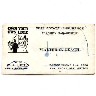Business card of Walter G. Leach, Real Estate and Insurance, c. 1930s
