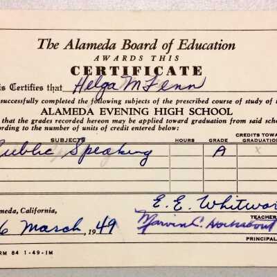 Certificate for public speaking from the Alameda Evening School, 1949