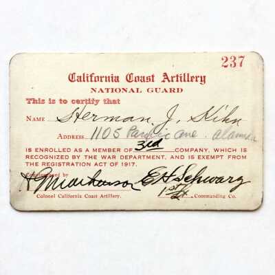 Herman J. Kihn's WW I National Guard Identification card, c. 1918