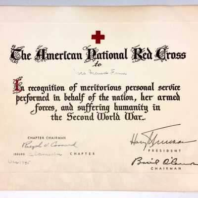 Red Cross Certificate awarded to Maude Fenn for Services, 1941