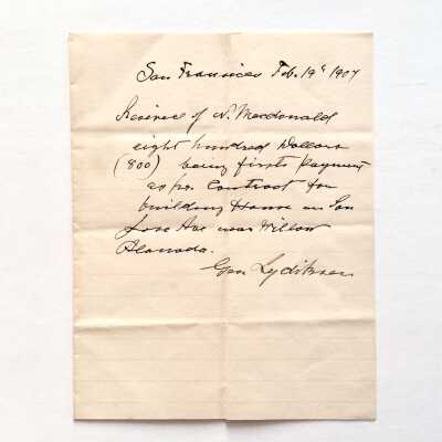 Receipt to Neil Macdonald for first payment for 2066 San Jose Ave., 1904