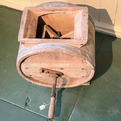 Circular wooden footed butter churn from the Fenn residence, c. 1900