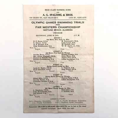 Program for Olympic Games Swimming Trials at Neptune Beach, 1920