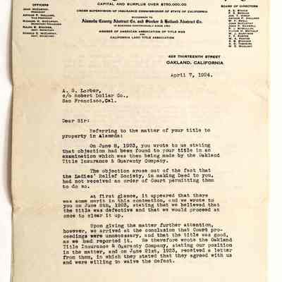 Typed letter from Alameda County Title Insurance Co. to A. S. Lorber, 1924