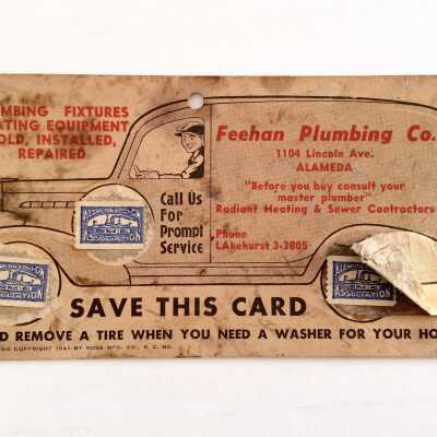 Advertising card for the Feehan Plumbing Company, c. 1950