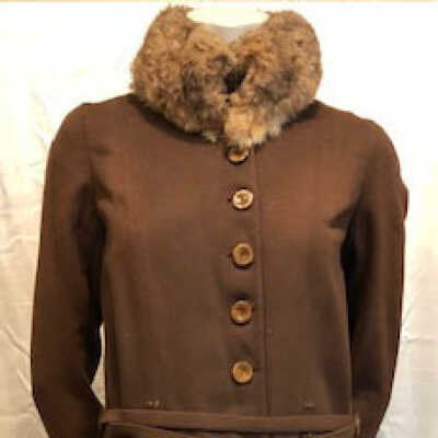 Two-piece brown wool wedding suit with Australian possum collar, 1921
