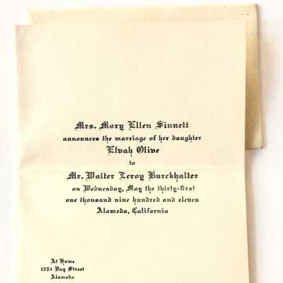 Invitation and envelope to Marriage Elvah Olive Sinnett and Walter Leroy Burckhalter, 1911