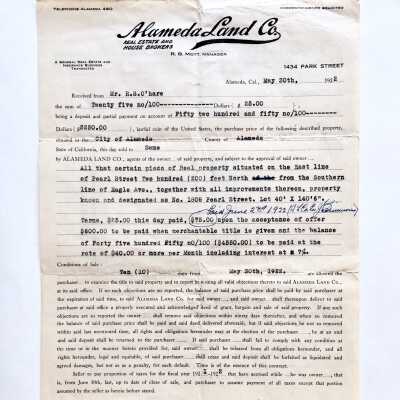 Receipt for deposit by Mr. R. S. O'Hare to Alameda Land Co., for 1808 Pearl Street, c. 1922
