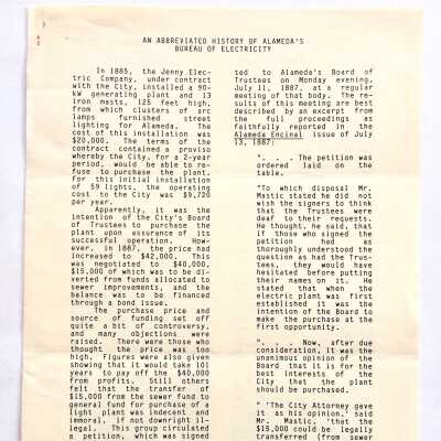 'An Abbreviated History of Alameda Bureau of Electricity', 1880-1986, 1980s