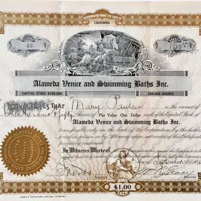 Stock certificate Venice and Swimming Baths Inc., 1914