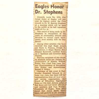Clipping about an award given to Dr. Stephens by the Eagles, prior 1962