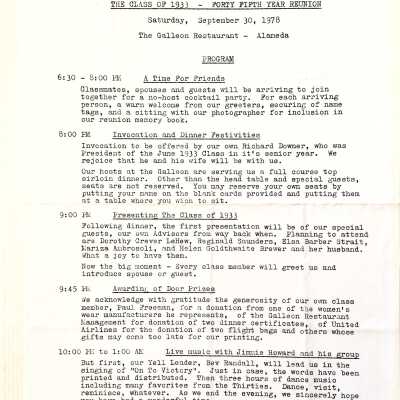 Program, yell, article 45th Reunion of AHS Class of 1933, 1978