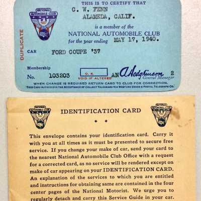 Envelope and membership card for the National Automobile Club, 1940
