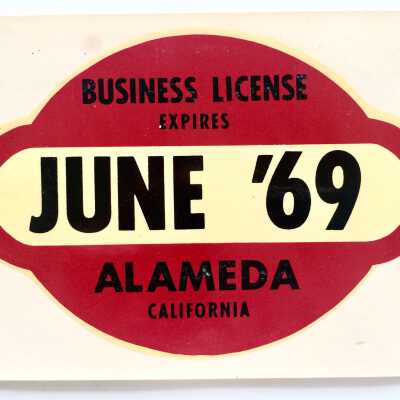 Window Decal issued by the City of Alameda for Business license, 1969