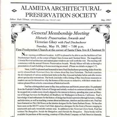 Alameda Architectural Preservation Society Newsletter for May 2002