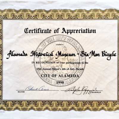 Certificate of Appreciation for participation in parade, 1990
