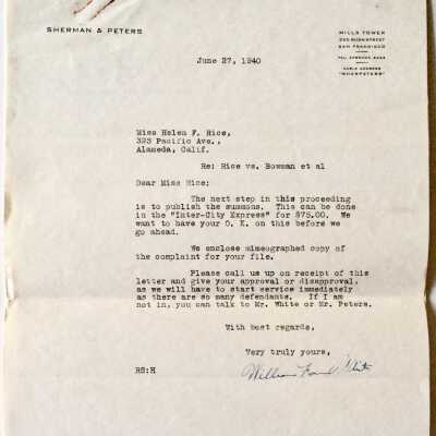 Cover Letter and summons about clearing of title for 325 Pacific Ave, 1940