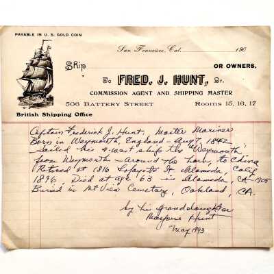 Receipt form with stationery of Fred. J. Hunt, 1900-1905