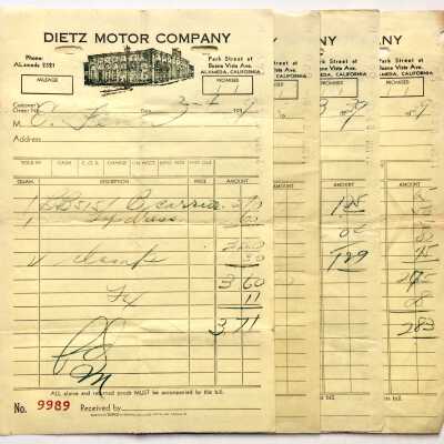 Receipts of Dietz Motor Co., 1939