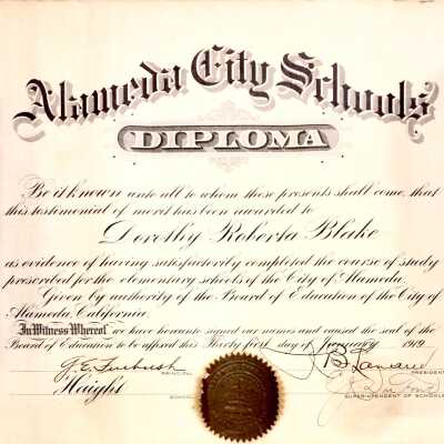 Haight School Diploma of Dorothy Roberta Blake, 1919