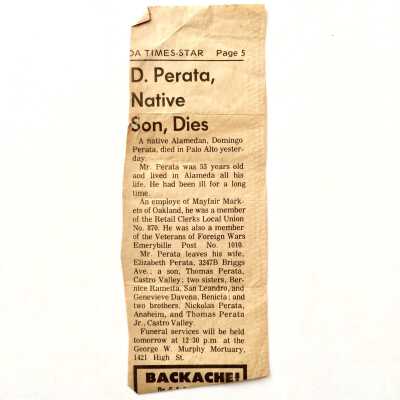 Newspaper Clipping 'D. Perata, Native Son, Died', 1965