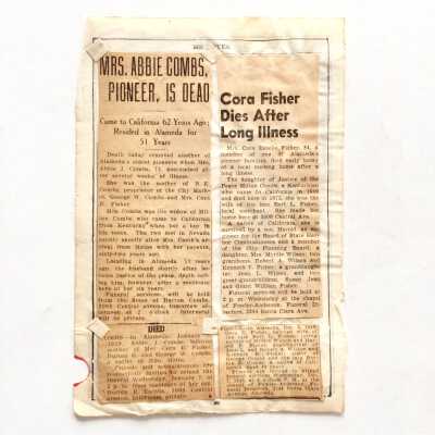 Scrapbook page with Newspaper Clippings re Mrs. Abbie Combs and Cora Fisher, 1920 & 1949