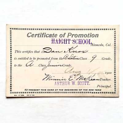 Certificate of Promotion for Latin Class, Haight School, to Daniel Knox