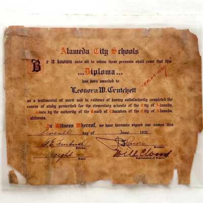 Haight School 8th grade Diploma of Leonora Crutchett, June 1912.