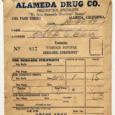 Photo envelope from Alameda Drug Company, 1949