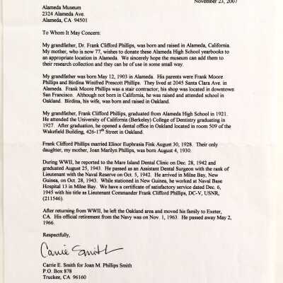 Letter with Biographical info about Dr. Frank Clifford Phillips, 2007